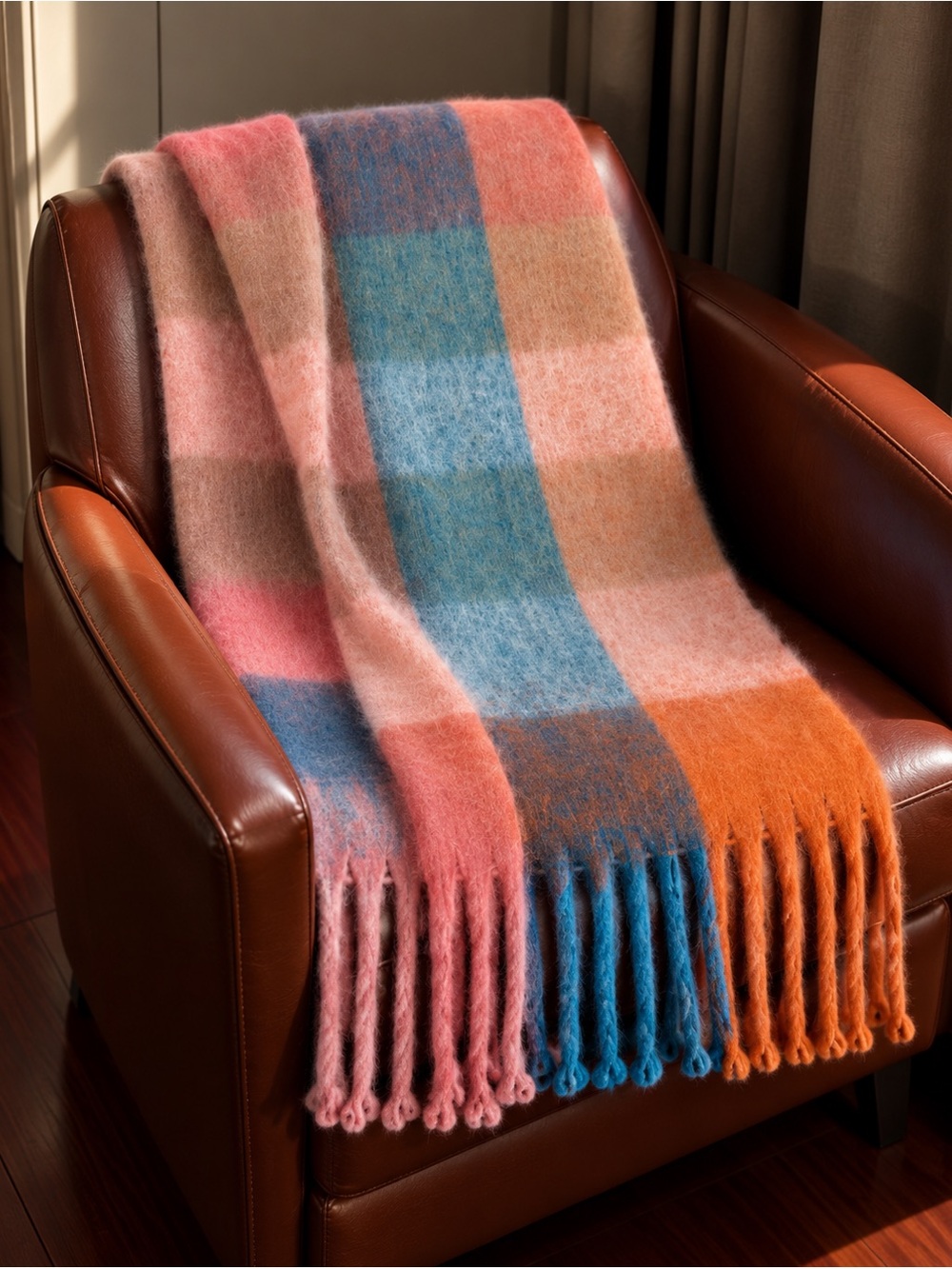 Reversible Mohair Plaid Scarf, Orange Blue Tassel winter shawl